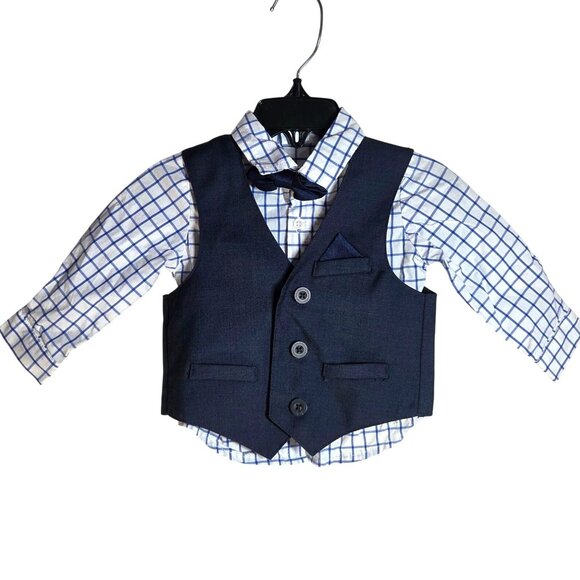 Edgehill Collection Baby Boy's Size 9M Formal Navy Plaid Shirt, Vest, Bowtie Set - Picture 1 of 6